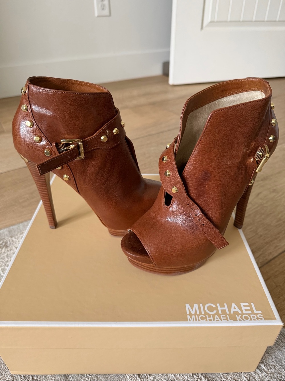 Michael Kors Brown Leather Studded Peep-Toe Ankle Boots